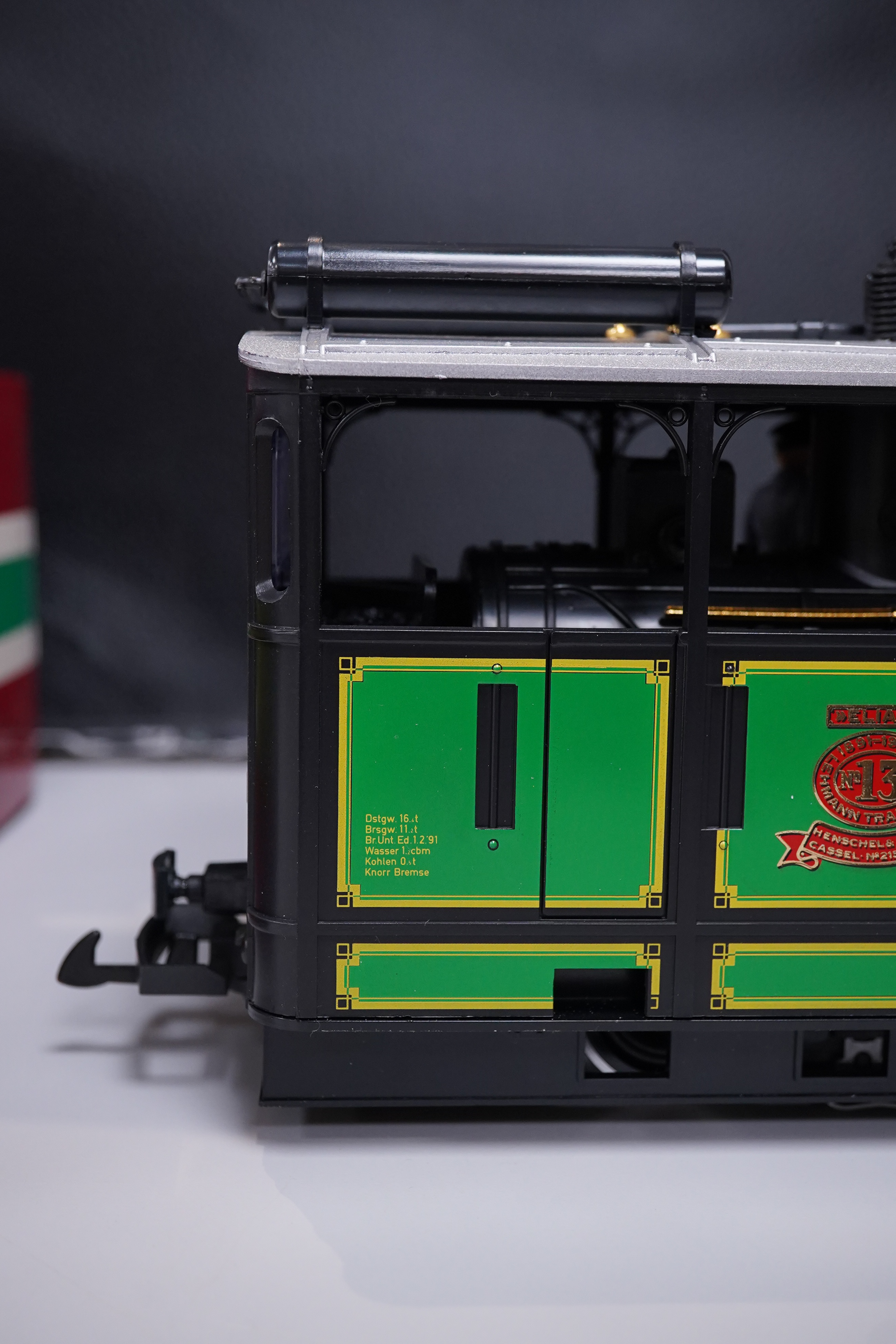 A boxed Lehman LGB (2150) G scale railway 0-4-0 steam tramcar locomotive, 13, in green and black livery. Condition - good, evidence of very minor running wear only.